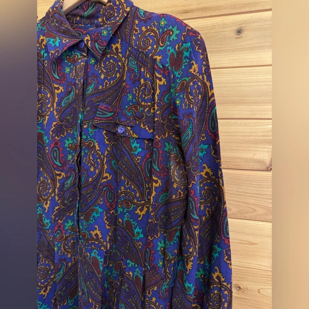 Vintage 80’s Raoul Large Retro Bold Colorful Paisley Collared Midi Dress Western - Picture 4 of 13